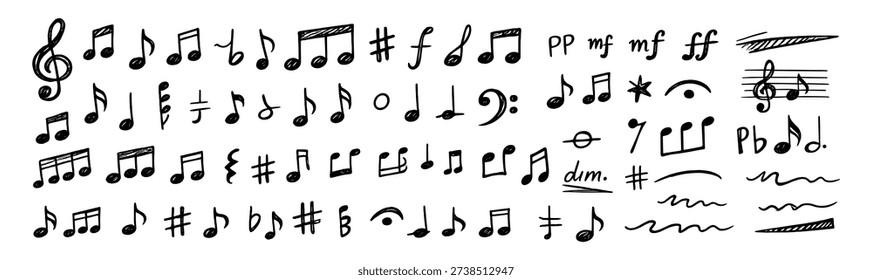 Hand drawn musical notes and symbols sketch vector illustration, melody sound notation elements on transparent background