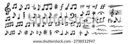 Hand drawn musical notes and symbols sketch vector illustration, melody sound notation elements on transparent background