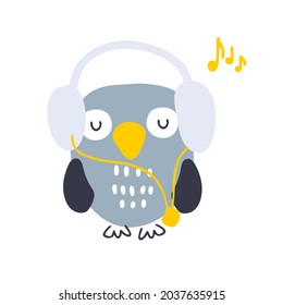 Hand drawn musical owl with headphones vector illustration. Design for T-shirt, textile and prints. 
