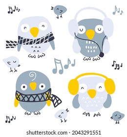 Hand drawn musical owls vector collection. Perfect for poster, textile and prints. Cartoon style illustration for decor and design.
