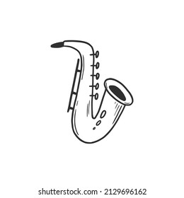 Hand drawn musical saxophone. Doodle sketch style. Drawing line simple jazz saxophone icon. Isolated vector illustration.