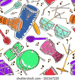 Hand drawn musical seamless pattern of colorful drum set