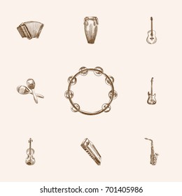 Hand Drawn Musical Sketches Set. Collection Of Fiddle, Harmonica, Rock And Other Sketch Elements.