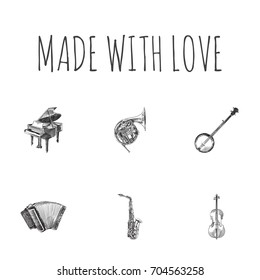 Hand Drawn Musical Sketches Set. Collection Of Pianoforte, Sax, Harmonica And Other Sketch Elements.