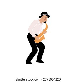 Hand drawn musician in black hat  emotionally playing on saxophone, cartoon doodle style isolated vector illustration