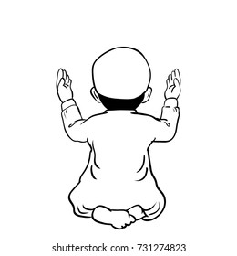 Hand drawn Muslim Boy have a pray time with hands up in the air dua pose with back view. Vector Cartoon Illustration.