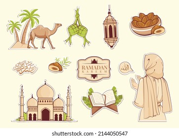 Hand drawn muslim element sticker collection for ramadan aesthetic drawing. translation : ramadan kareem