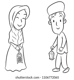 Hand drawn of Muslim Kids with Eid lanterns, black and white drawing for coloring - Vector Illustration.