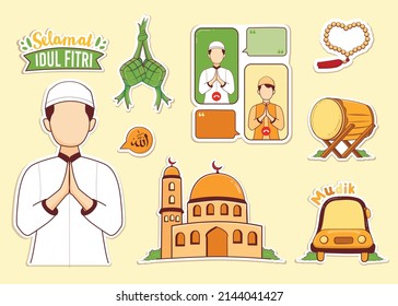 Hand drawn muslim man forgive with video call and element sticker collection for eid fitr mubarak 