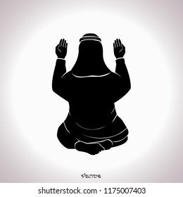 Hand drawn Muslim man have a pray time with hands up in the air dua pose with back view. Vector Illustration icon. Black flat style