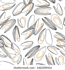 Hand Drawn Mussels Sketch Line Drawing Ornamental Seamless Pattern On White