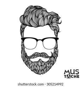 Hand Drawn Mustache Beard and Hair Style. Hipster curly hair man in glasses. Waxing hair design. Beard isolated. Man mouth isolated. Black and white illustration. Thinning hair concept. Vector.