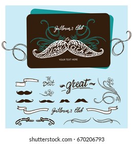 Hand drawn mustache with lettering and vignettes. Template for business card, label or poster with the set of elements for personal design