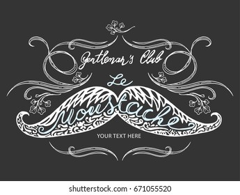 Hand drawn mustache with lettering and vignettes. Template for business card, label or poster.