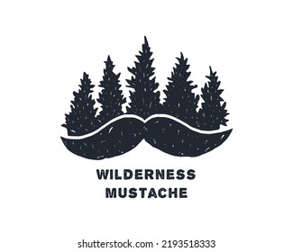 Hand drawn mustache and pine trees logo concept. Wilderness mustache vector illustration grunge textured.
