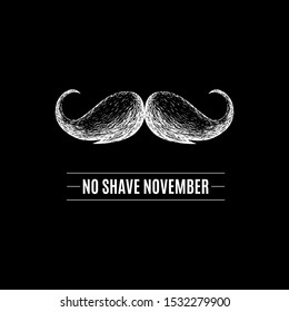 Hand drawn mustache silhouette. No Shave November lettering. Prostate cancer awareness month.