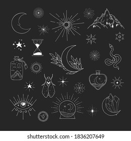 Hand Drawn Mystic Astrology Doodle. Stars, Snake, Moth, Esoteric Icons, Starburst, Cresent Moon. Celestial Design Set.	