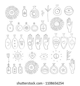 Hand drawn mystic esoteric symbols set Spiritual magic sacred vector elements Line art drawing on white background witchcraft shaman art Beauty of Hands Eyes Sun Moon Herbs