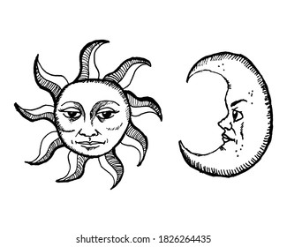 Hand drawn mystic retro sun and moon vector illustration