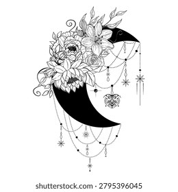 Hand drawn mystical crescent Moon, star, chain and bouquets of flowers and leaves. Peony, rose, lily, lotus. Spiritual celestial floral composition. Decorative vector illustration on white background