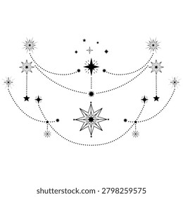 Hand drawn mystical design with chain of dots, star in line art. Decorative symmetric spiritual celestial chainlet, geometric magic symbol, boho, tattoo, logo. Vector illustration isolated on white