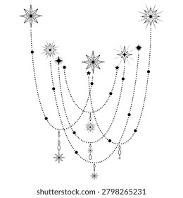 Hand drawn mystical design with chain of dots, star in line art. Decorative symmetric spiritual celestial chainlet, geometric magic symbol, boho, tattoo, logo. Vector illustration isolated on white