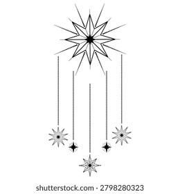 Hand drawn mystical design with chain of dots, star in line art. Decorative symmetric spiritual celestial chainlet, geometric magic symbol, boho, tattoo, logo. Vector illustration isolated on white