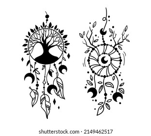 Hand drawn mystical Dreamcatcher isolated clip arts on white, black and white line boho dream catchers, celestial floral design elements - vector