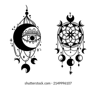 Hand drawn mystical Dreamcatcher isolated clip arts on white, black and white line boho dream catchers, celestial design elements - vector