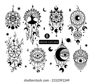 Hand drawn mystical Dreamcatcher isolated clip art bundle, black and white line boho dream catchers, celestial floral design elements - vector illustration collection