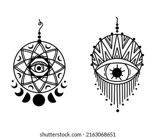 Hand drawn mystical Dreamcatcher isolated clip art on white, black and white line boho dream catchers and evil eyes, celestial spiritual design elements - vector images