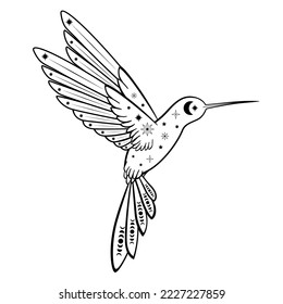 Handgezeichneter, mystischer, fliegender Kolibri mit Mond und Stern in Line Art. Zauberkollektion, Symbol, Talisman, antiker Stil, Boho. Vektorgrafik einzeln auf weißem Hintergrund