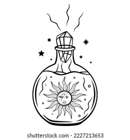 Hand drawn mystical glass bottle with Sun and Moon face, star, diamond in line art. Magic collection, symbol, talisman, antique style, boho. Vector sketch illustration isolated on white background