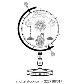Hand drawn mystical globe stand with Sun, Moon, diamond, cloud and star in line art. Magic collection, symbol, talisman, antique style, boho. Vector sketch illustration isolated on white background
