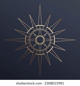 Hand drawn mystical golden Sun in line art. Bohemian symbol bursting sun rays. Magic celestial circle talisman, antique style, boho, tattoo, logo. Vector sketch illustration on blue background