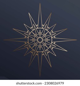 Hand drawn mystical golden Sun in line art. Bohemian symbol bursting sun rays. Magic celestial circle talisman, antique style, boho, tattoo, logo. Vector sketch illustration on blue background