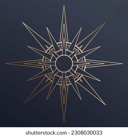 Hand drawn mystical golden Sun in line art. Bohemian symbol bursting sun rays. Magic celestial circle talisman, antique style, boho, tattoo, logo. Vector sketch illustration on blue background