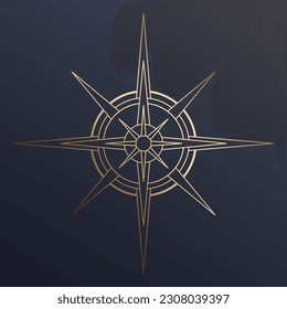 Hand drawn mystical golden Sun in line art. Bohemian symbol bursting sun rays. Magic celestial circle talisman, antique style, boho, tattoo, logo. Vector sketch illustration on blue background