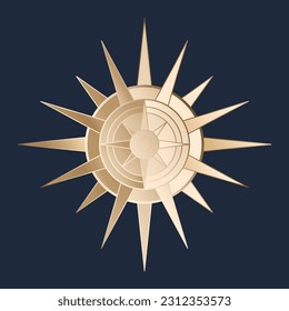Hand drawn mystical golden Sun in line art. Bohemian symbol bursting sun rays. Magic celestial circle talisman, antique style, boho, tattoo, logo. Vector sketch illustration on blue background