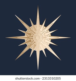 Hand drawn mystical golden Sun, star in line art. Bohemian symbol bursting sun rays. Magic celestial circle talisman, antique style, boho, tattoo, logo. Vector sketch illustration on blue background
