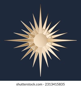 Hand drawn mystical golden Sun, star in line art. Bohemian symbol bursting sun rays. Magic celestial circle talisman, antique style, boho, tattoo, logo. Vector sketch illustration on blue background