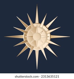 Hand drawn mystical golden Sun, star in line art. Bohemian symbol bursting sun rays. Magic celestial circle talisman, antique style, boho, tattoo, logo. Vector sketch illustration on blue background