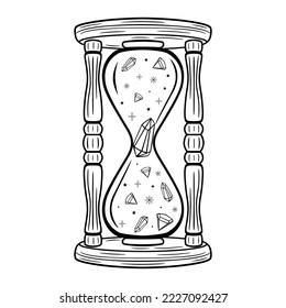 Hand drawn mystical hourglass with diamond and star in line art. Magic collection, symbol, talisman, antique style, boho. Vector doodle sketch illustration isolated on white background