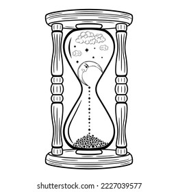 Hand drawn mystical hourglass with Moon with face, star and cloud in line art. Magic collection, symbol, talisman, antique style, boho. Vector doodle sketch illustration isolated on white background