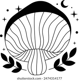 Hand Drawn Mystical Magic Mushroom. Esoteric Element. Line Art Illustration.