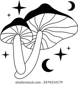 Hand Drawn Mystical Magic Mushroom. Esoteric Element. Line Art Illustration.