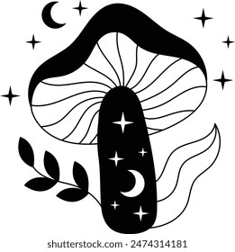 Hand Drawn Mystical Magic Mushroom. Esoteric Element. Line Art Illustration.