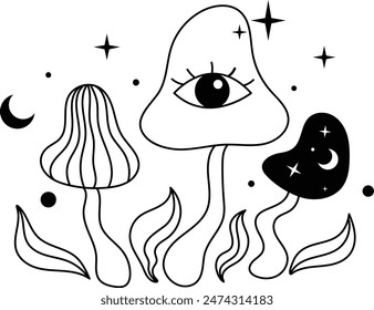 Hand Drawn Mystical Magic Mushroom. Esoteric Element. Line Art Illustration.