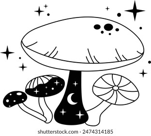 Hand Drawn Mystical Magic Mushroom. Esoteric Element. Line Art Illustration.