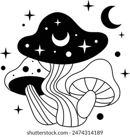 Hand Drawn Mystical Magic Mushroom. Esoteric Element. Line Art Illustration.